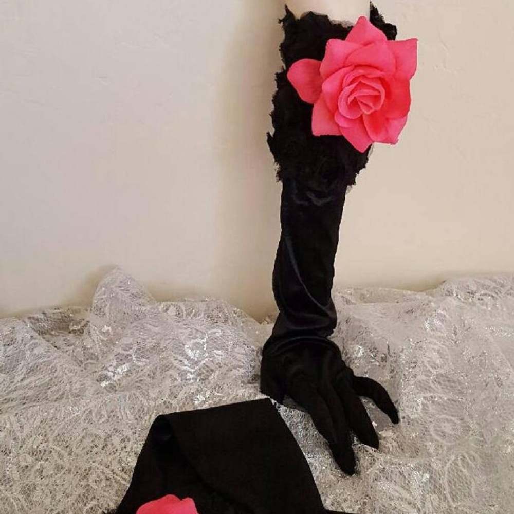 Goth Black & Pink Rose Opera Bridal Wedding Gloves